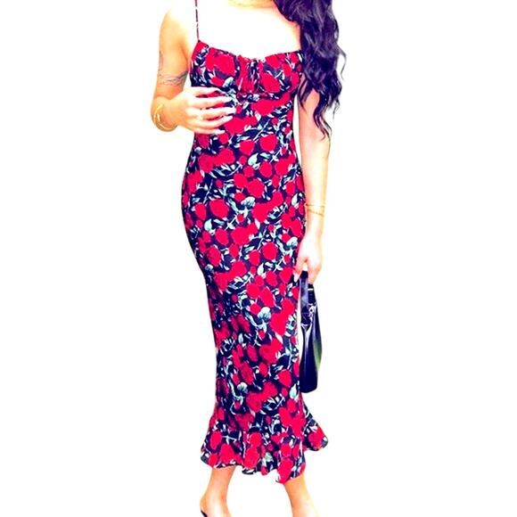 NWT REVOLVE & ROMANCE lovers COMMENSE red roses on black maxi dress M - Picture 4 of 14